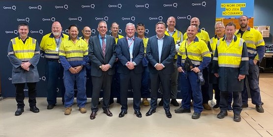 Centre: Stephen Bell, Qenos, Kevin Gallagher, Santos & Matt Kay, Beach Energy surrounded by members of the Qenos Olefines team
